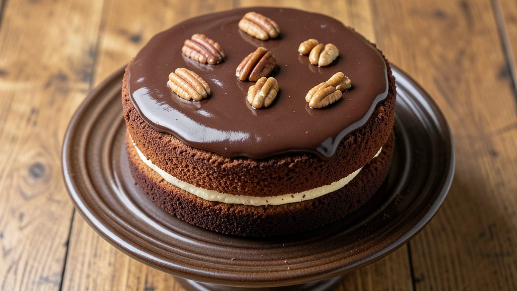 Baker's Unsweetened Chocolate German Chocolate Cake Recipe: Toasted Pecan-Coconut Crown Over Fudgy Layers